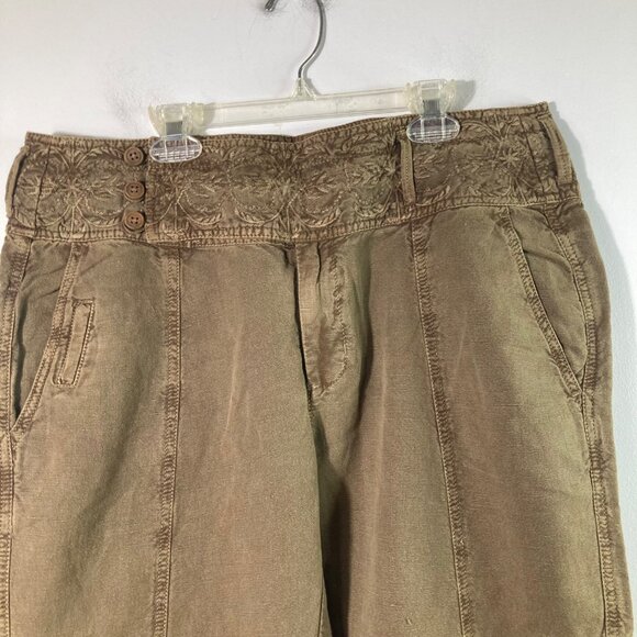 Womens Sundance Linen Blend Embroidered Boho Cargo Pants 12 Green - Picture 3 of 9